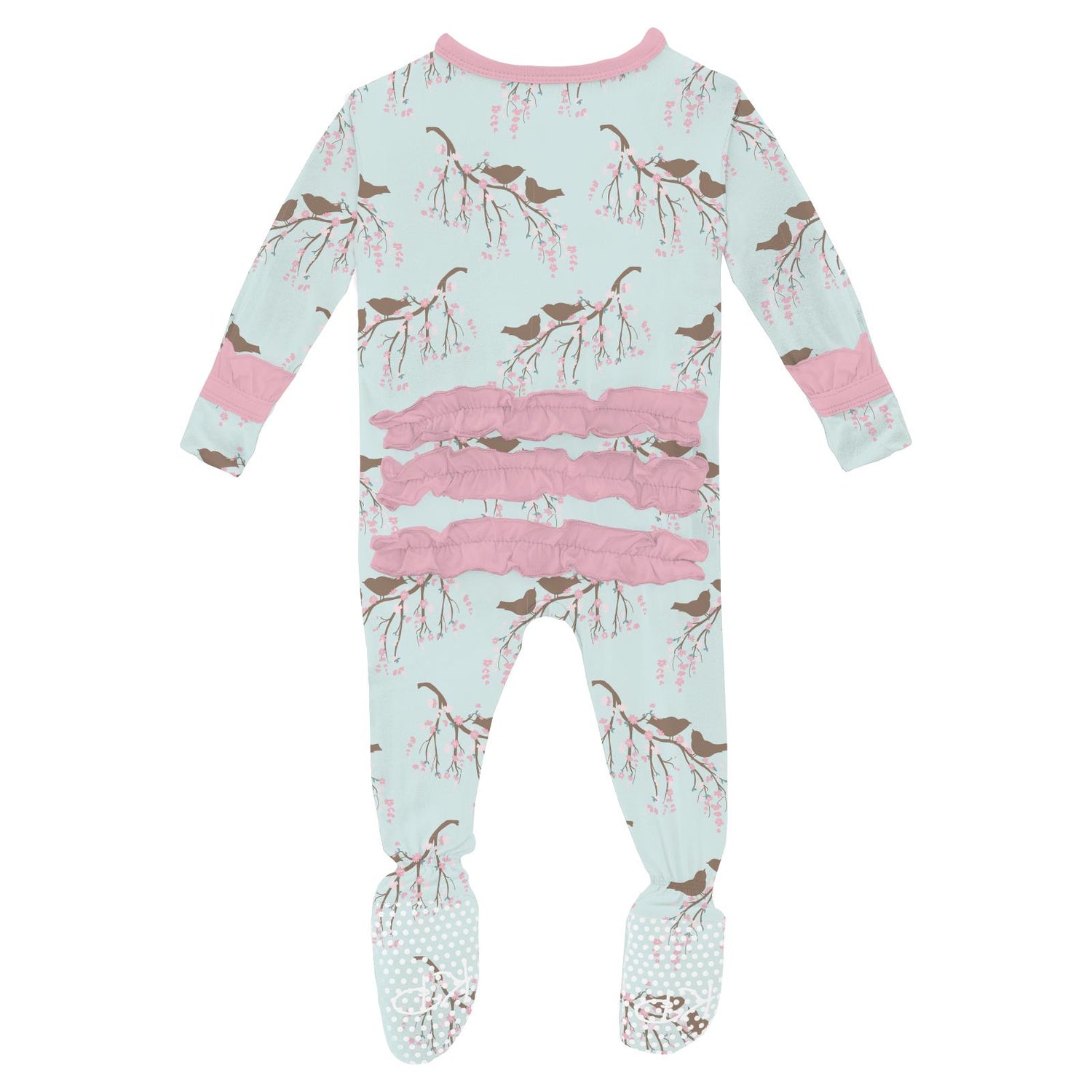 Print Classic Ruffle Footie with 2 Way Zipper in Fresh Air Bird Branch