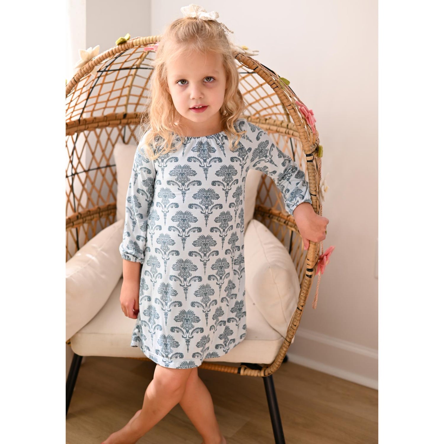 Print Long Sleeve Peasant Dress in Illusion Blue Damask