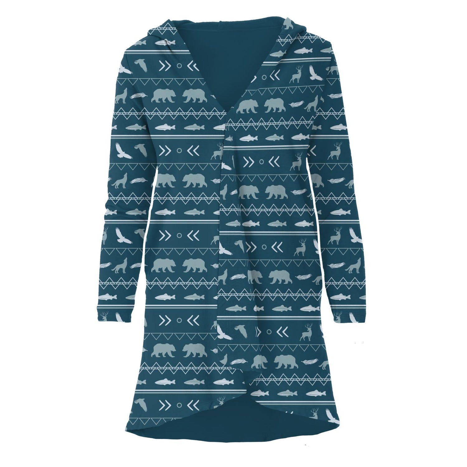 Women's Print Fleece Hooded Cardigan with Pockets in Peacock Native Tribal Lore