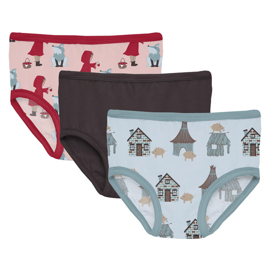 Print Girl's Underwear Set of 3 in Baby Rose Little Red Let's Be Friends, Midnight & Illusion Blue Three Little Pigs