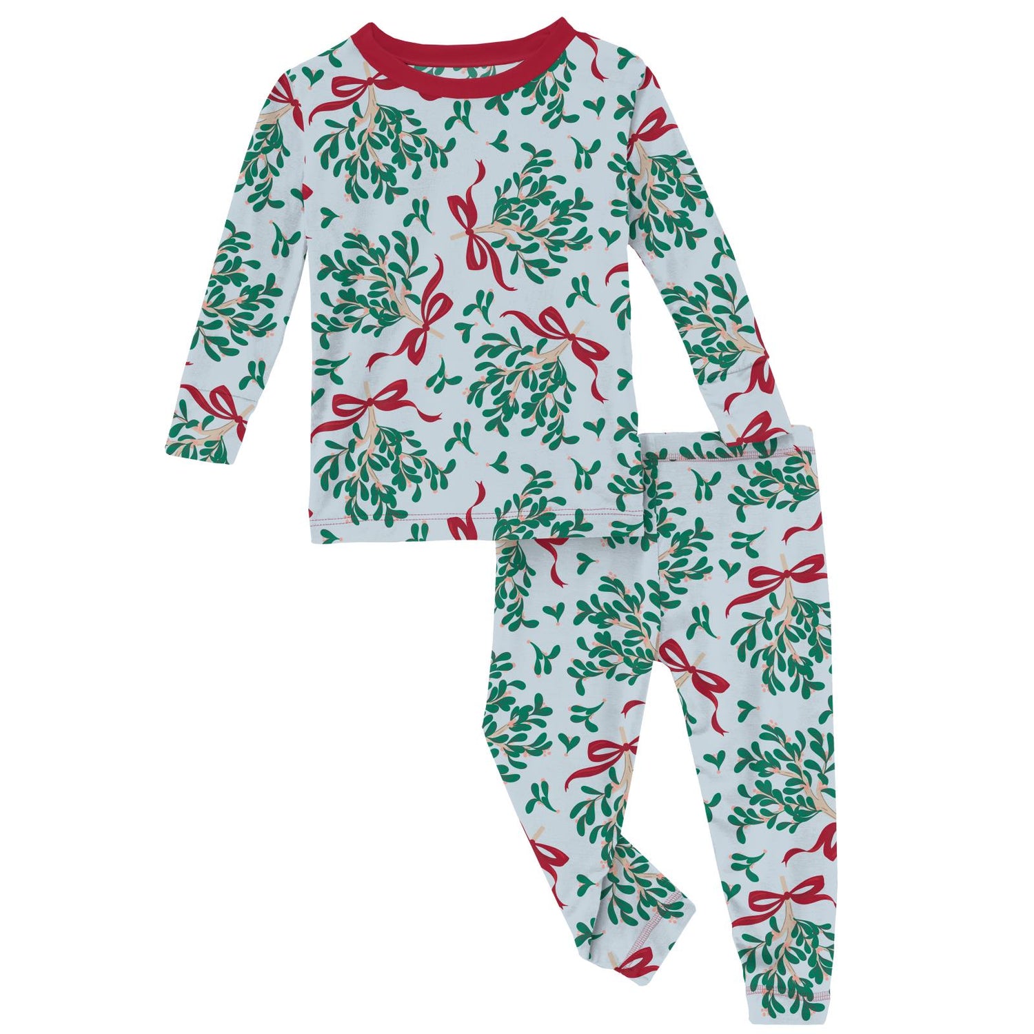 Print Long Sleeve Pajama Set in Illusion Blue Mistletoe & Ribbons