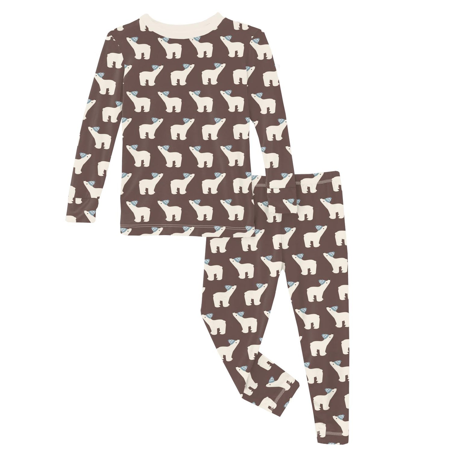 Print Long Sleeve Pajama Set in Coffee Polar Bears