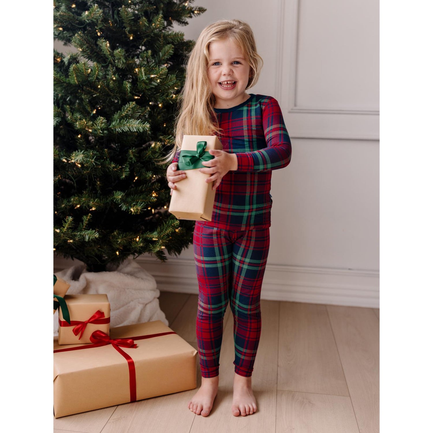 Print Long Sleeve Pajama Set in Peacock Plaid (298834)