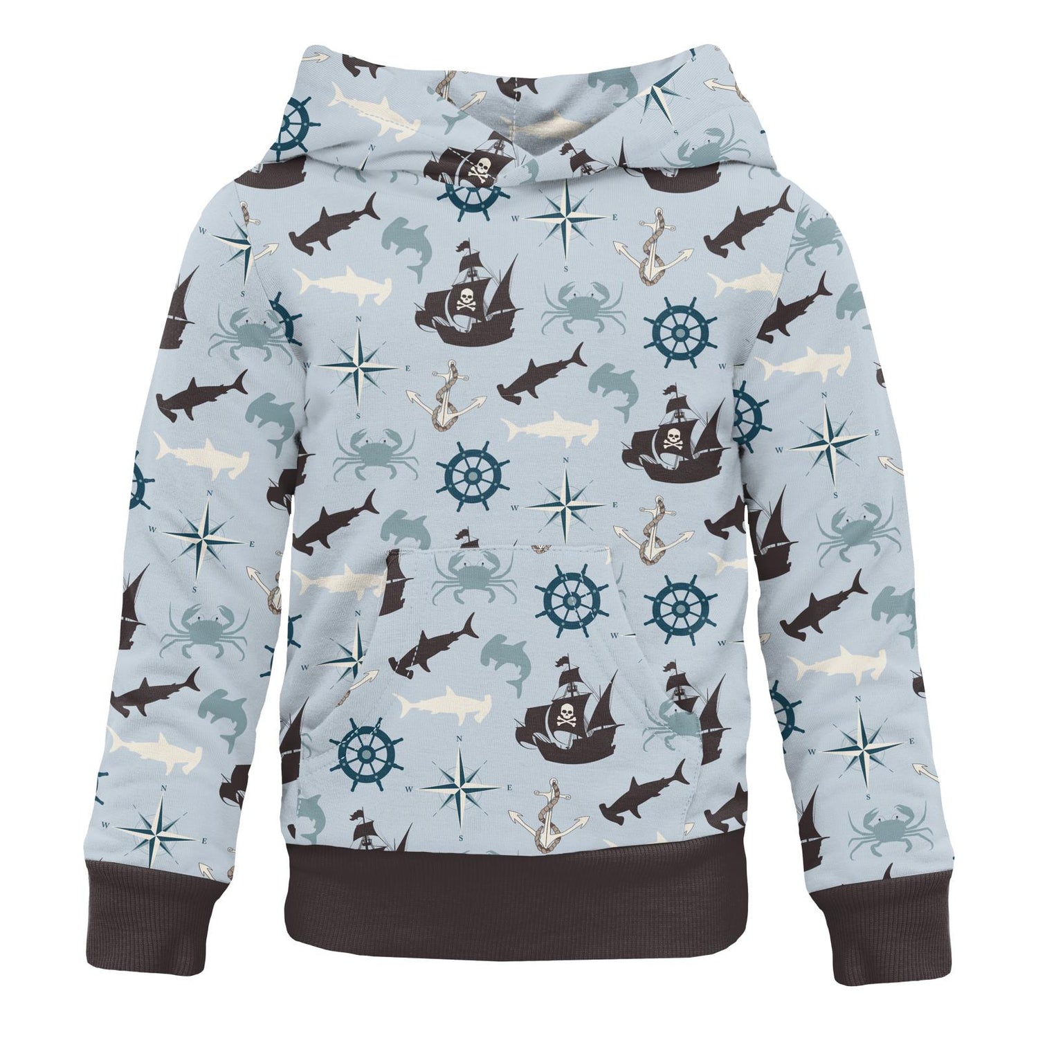 Print Fleece Kangaroo Pocket Pullover in Illusion Blue Pirate Adventure