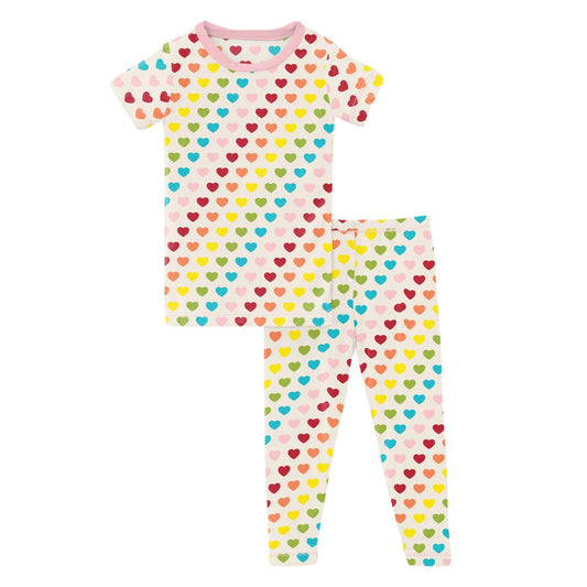 Print Short Sleeve Pajama Set in Rainbow Hearts (345334)