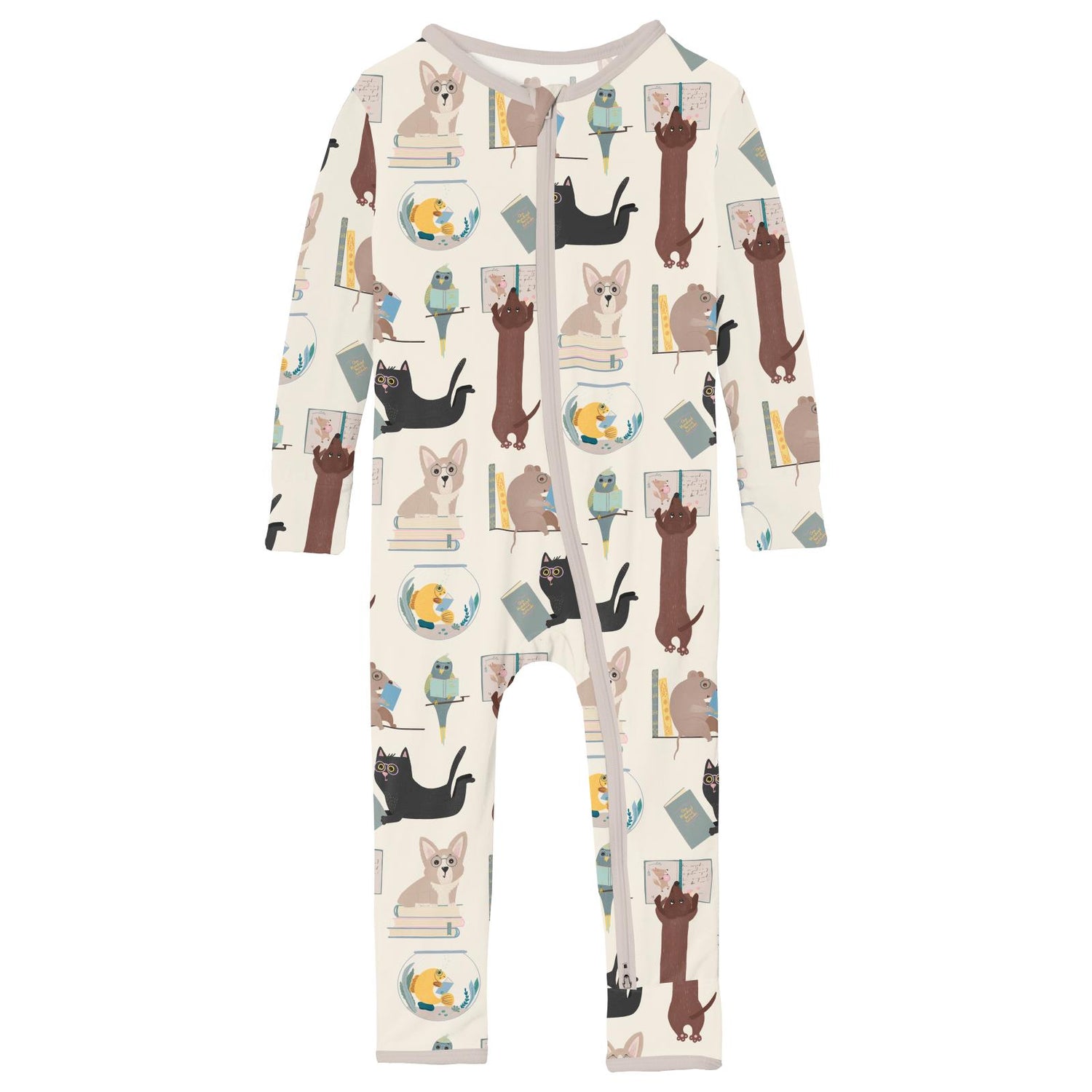 Print Coverall with 2 Way Zipper in Natural Books & Pets (311261)