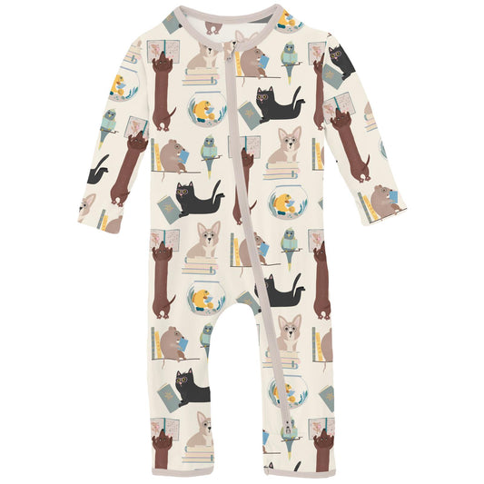 Print Coverall with 2 Way Zipper in Natural Books & Pets (311334)