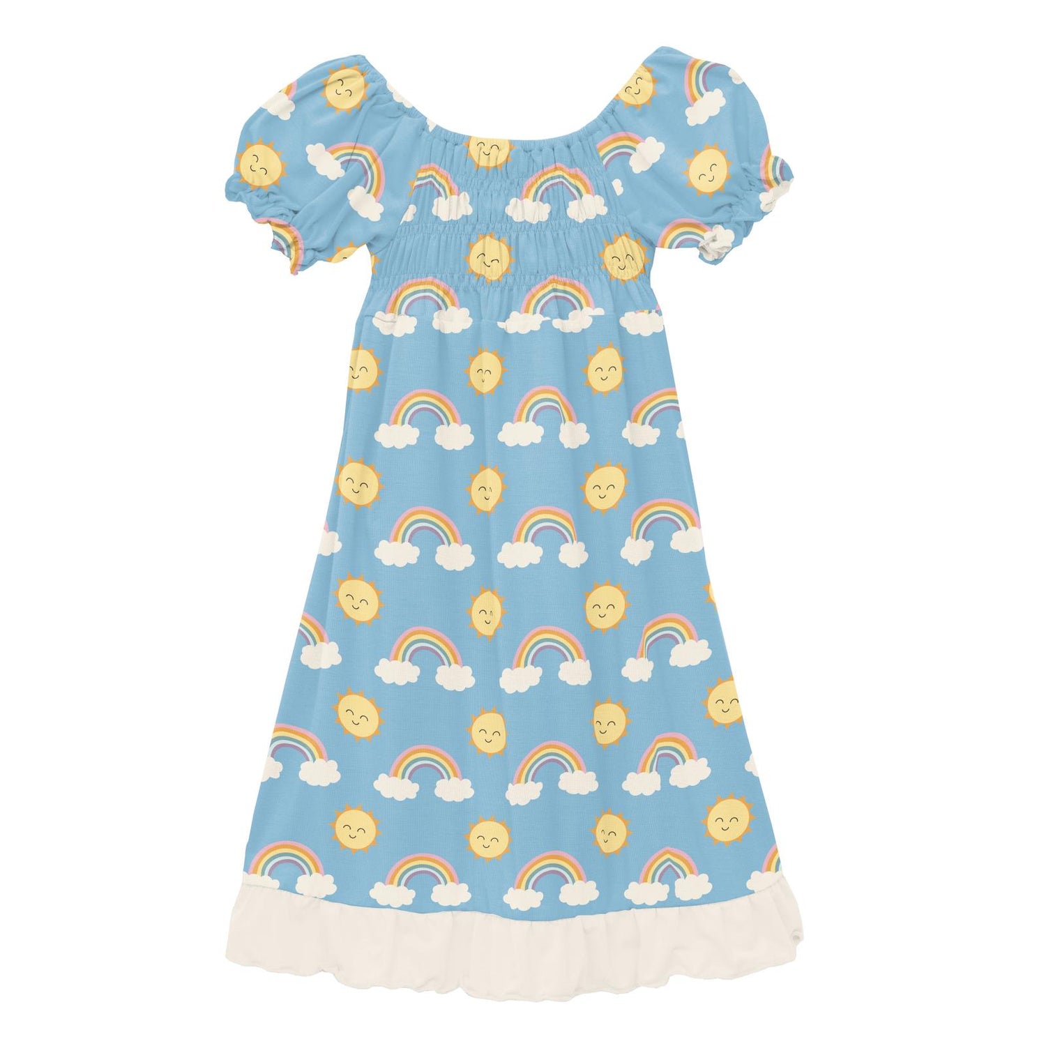 Print Short Sleeve Gathered Dress in Sunshine and Rainbows (312167)