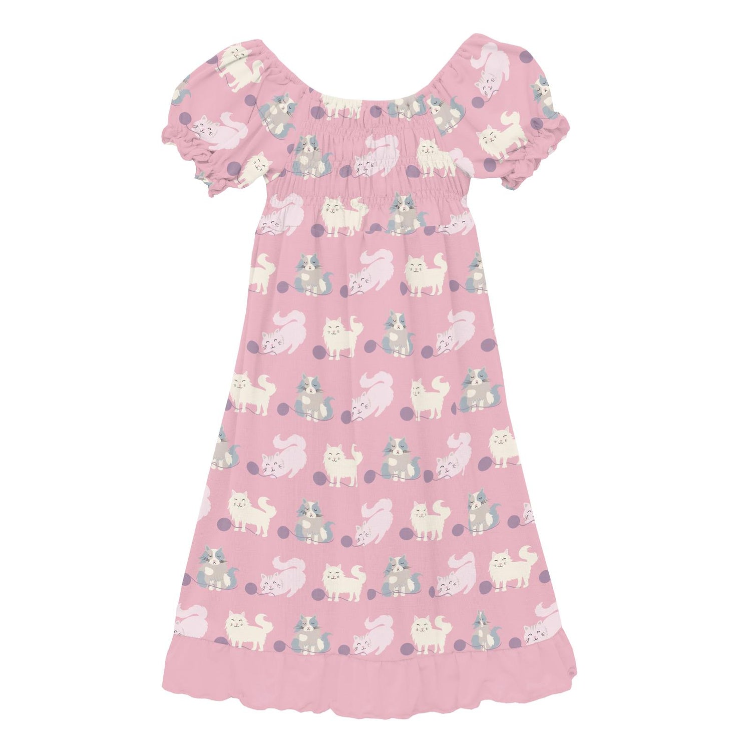 Print Short Sleeve Gathered Dress in Cake Pop Cats and Yarn (312181)