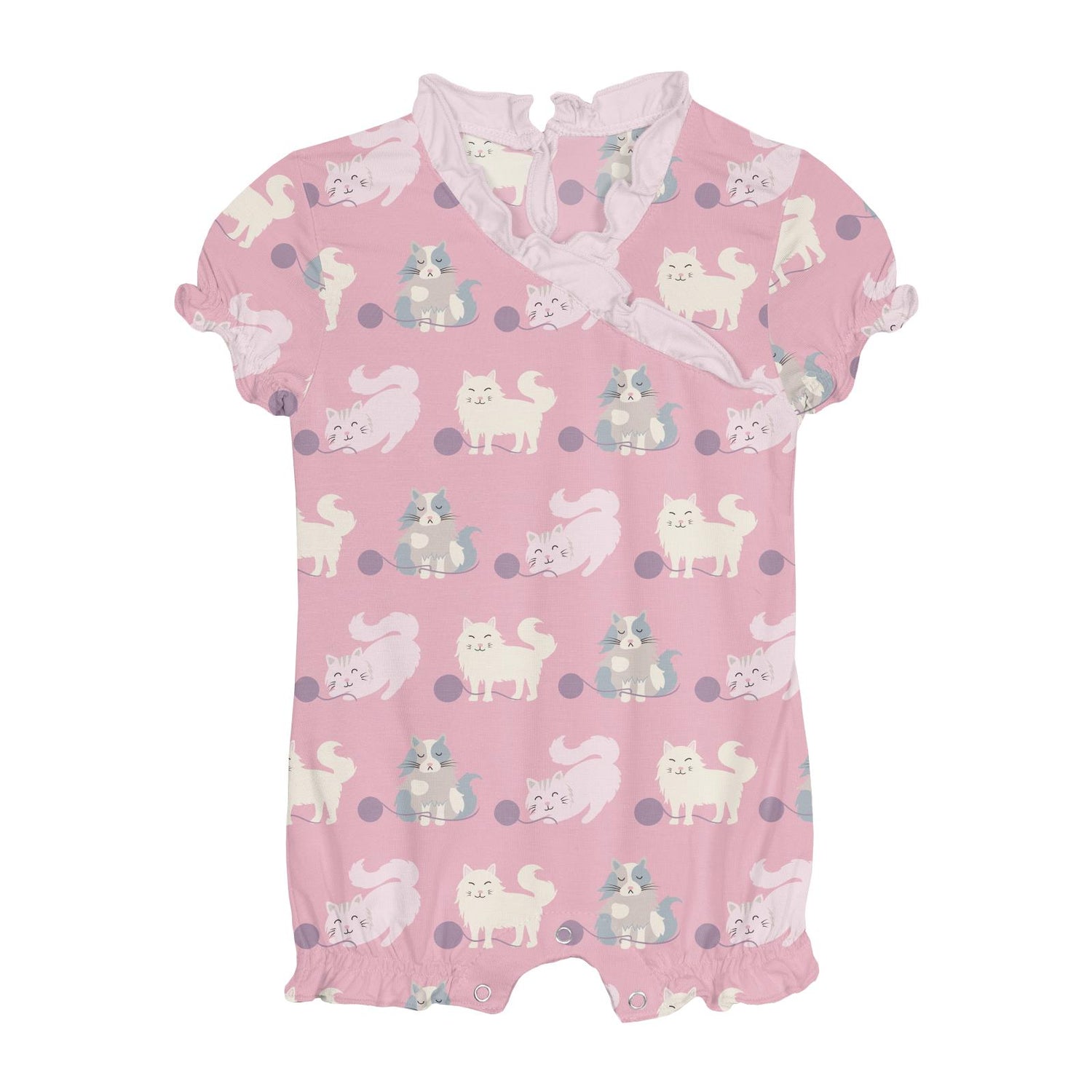 Print Ruffle Romper in Cake Pop Cats and Yarn (312213)