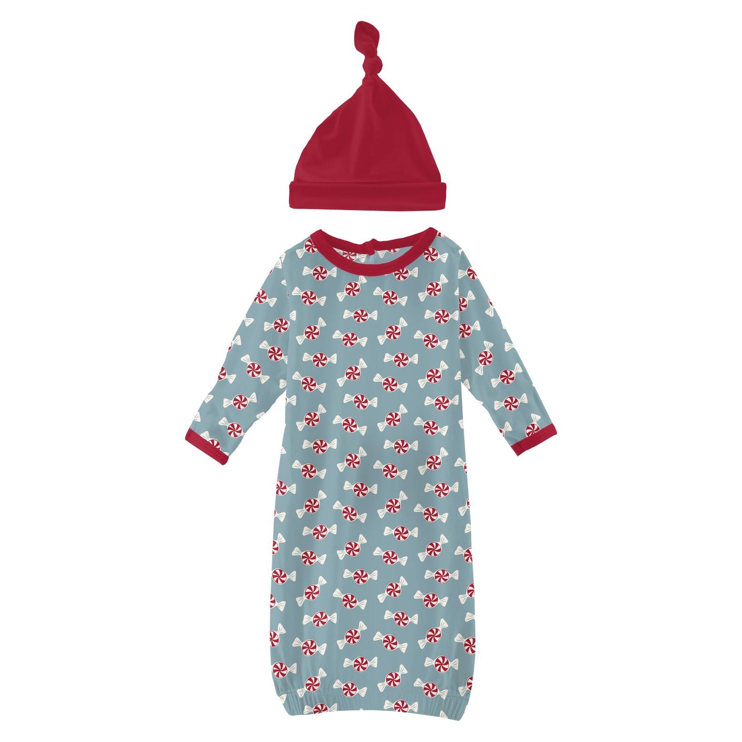 Print Layette Gown & Single Knot Hat Set in Stormy Sea Peppermints