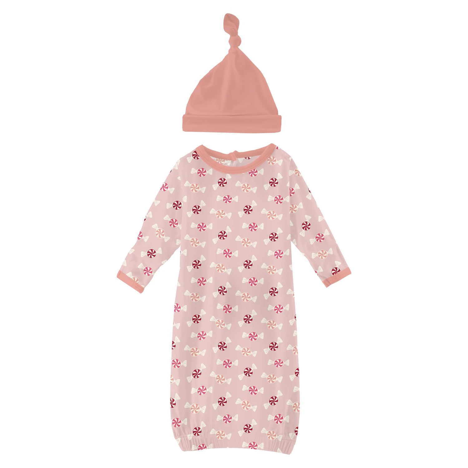 Print Layette Gown & Single Knot Hat Set in Baby Rose Peppermints