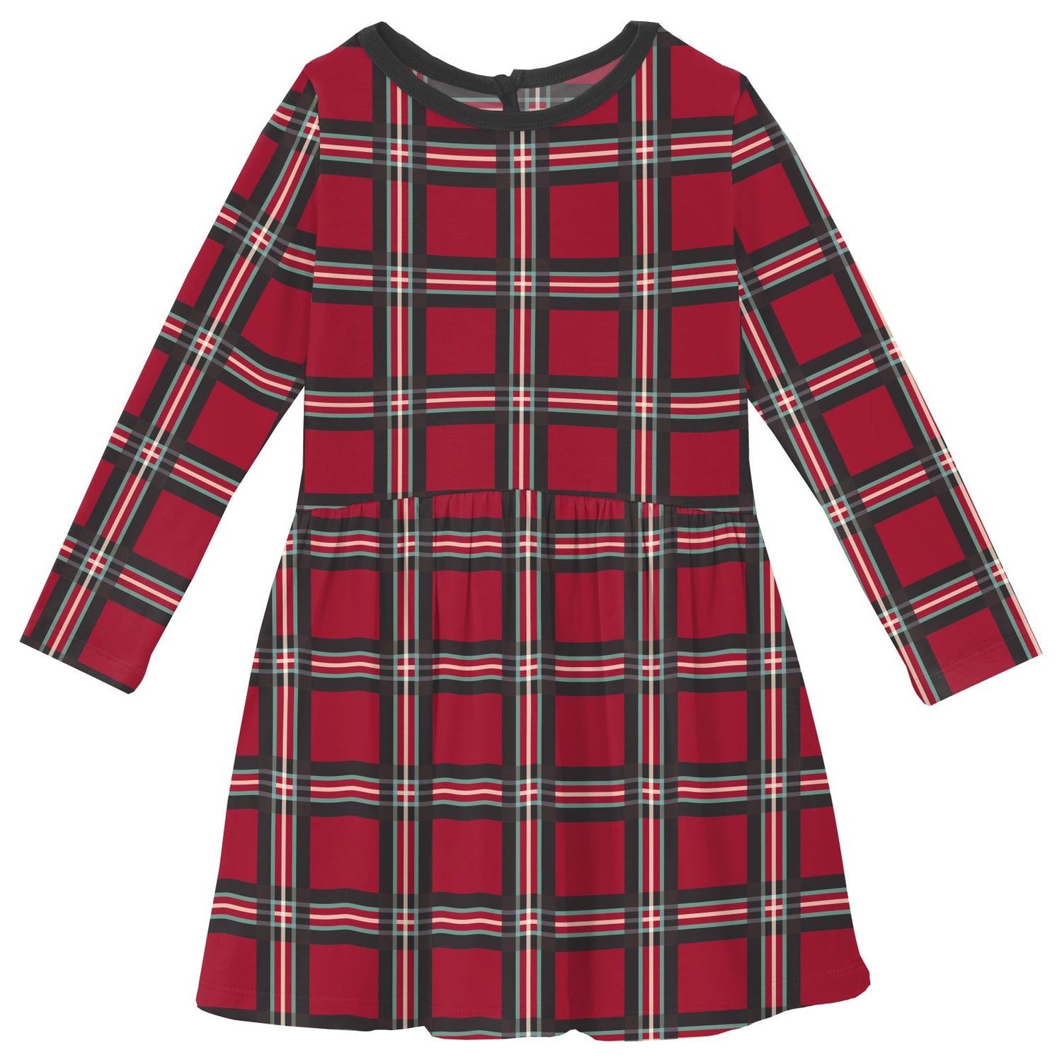 Print Long Sleeve Twirl Dress with Pockets in Classic Holiday Plaid