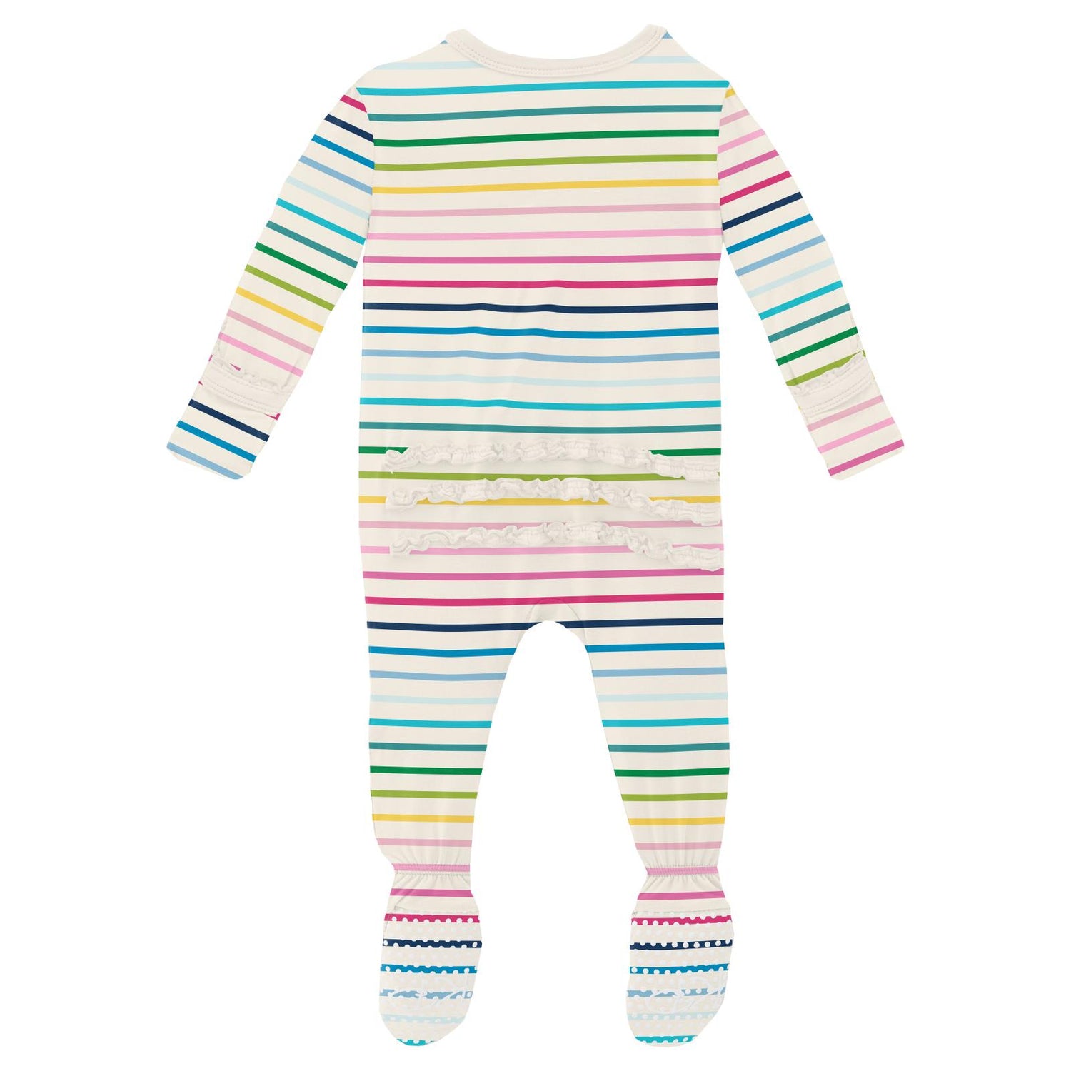 Print Muffin Ruffle Footie with 2 Way Zipper in Happy Stripe