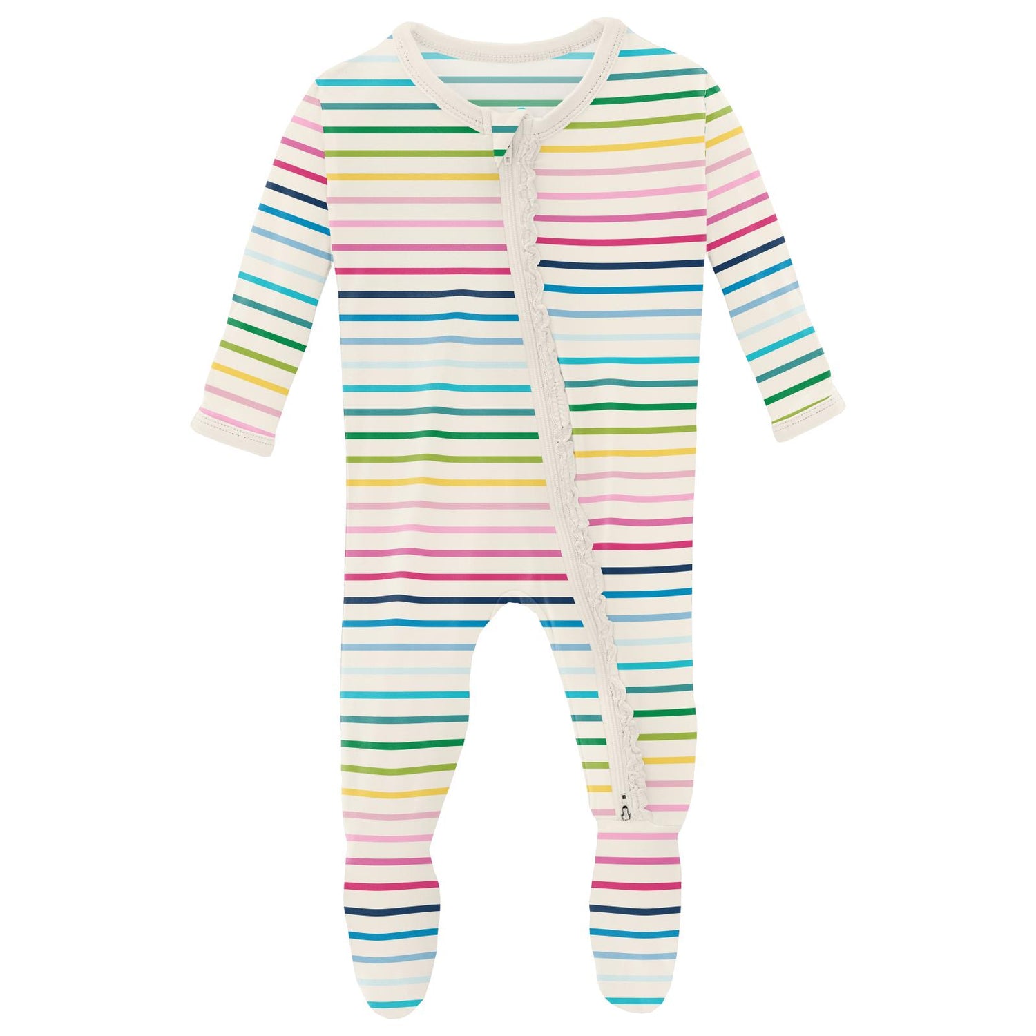 Print Muffin Ruffle Footie with 2 Way Zipper in Happy Stripe