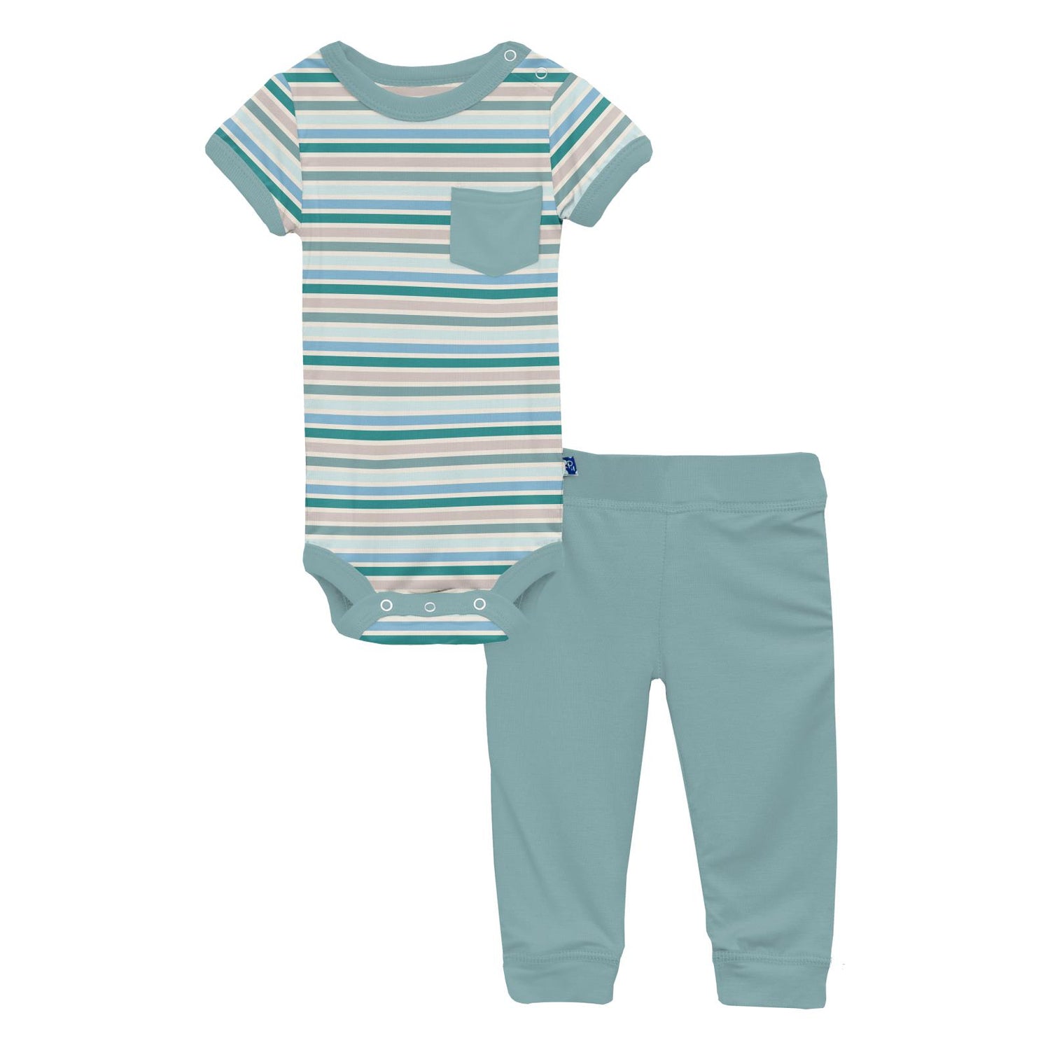 Print Short Sleeve Pocket One Piece & Pants Outfit Set in Lakeside Stripe