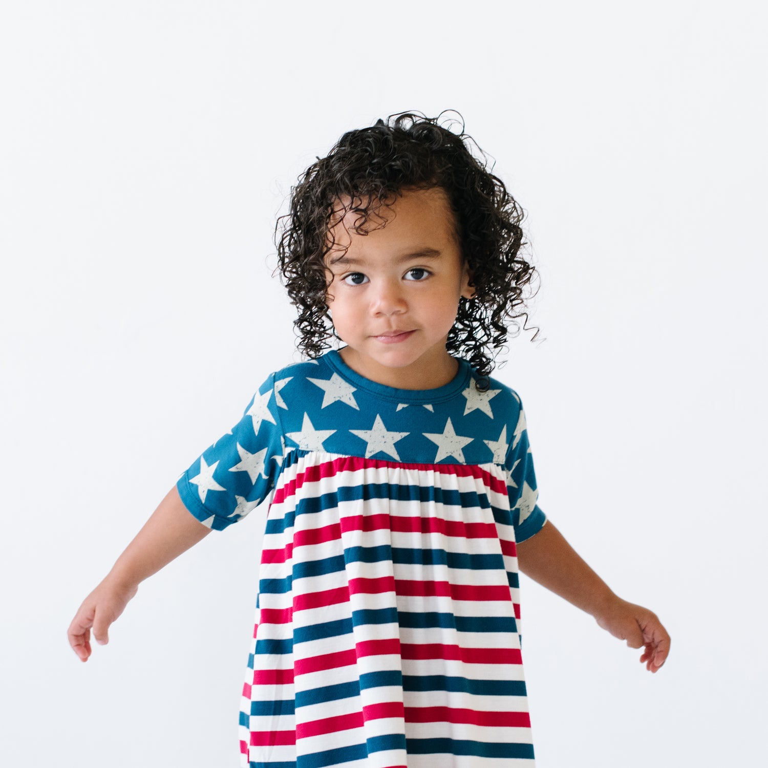 Print Short Sleeve Swing Dress in Vintage Stars with USA Stripe