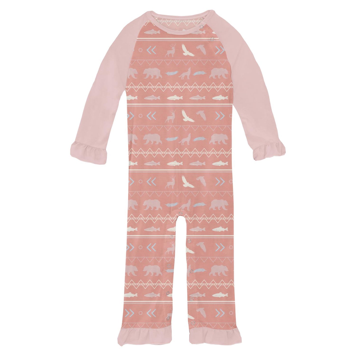 Print Long Sleeve Ruffle Raglan Romper in Blush Native Tribal Lore