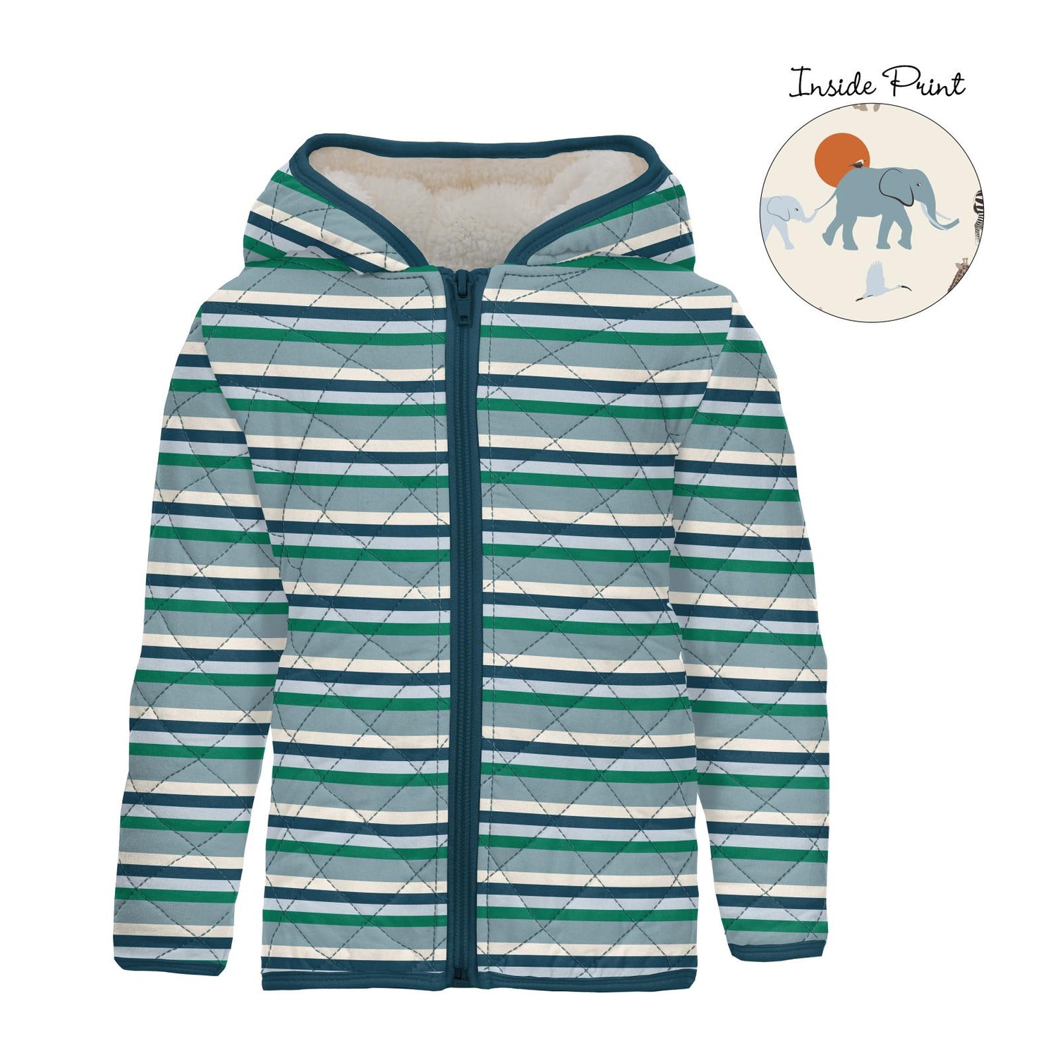 Print Quilted Jacket with Sherpa-Lined Hood in Stormy Sea Stripe/Natural Just So Animals