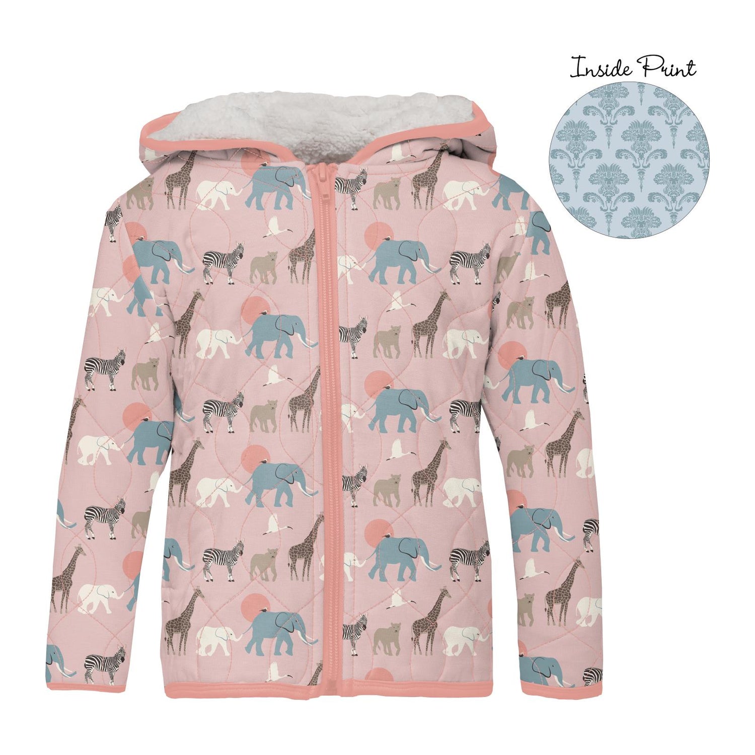 Print Quilted Jacket with Sherpa-Lined Hood in Baby Rose Just So Animals/Illusion Blue Damask