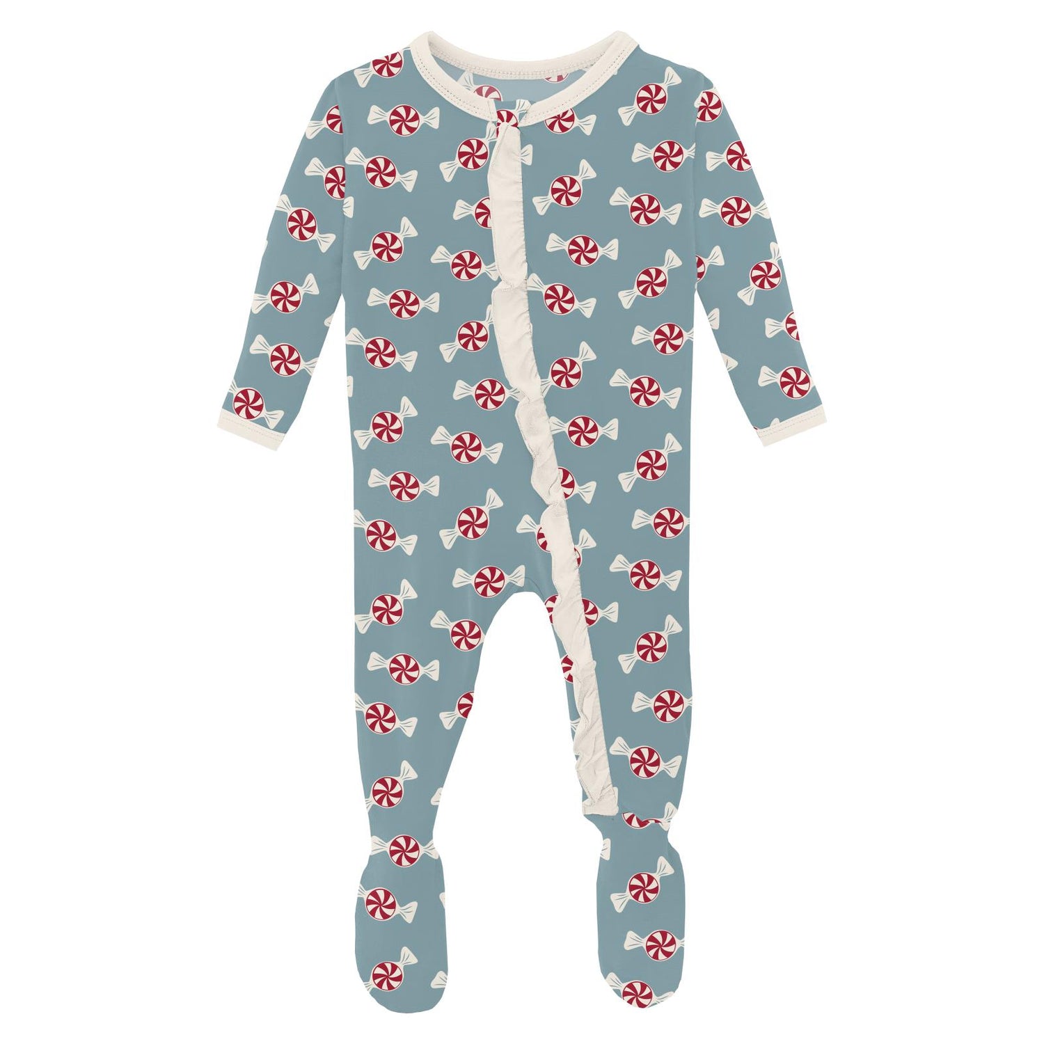 Print Classic Ruffle Footie with 2 Way Zipper in Stormy Sea Peppermints