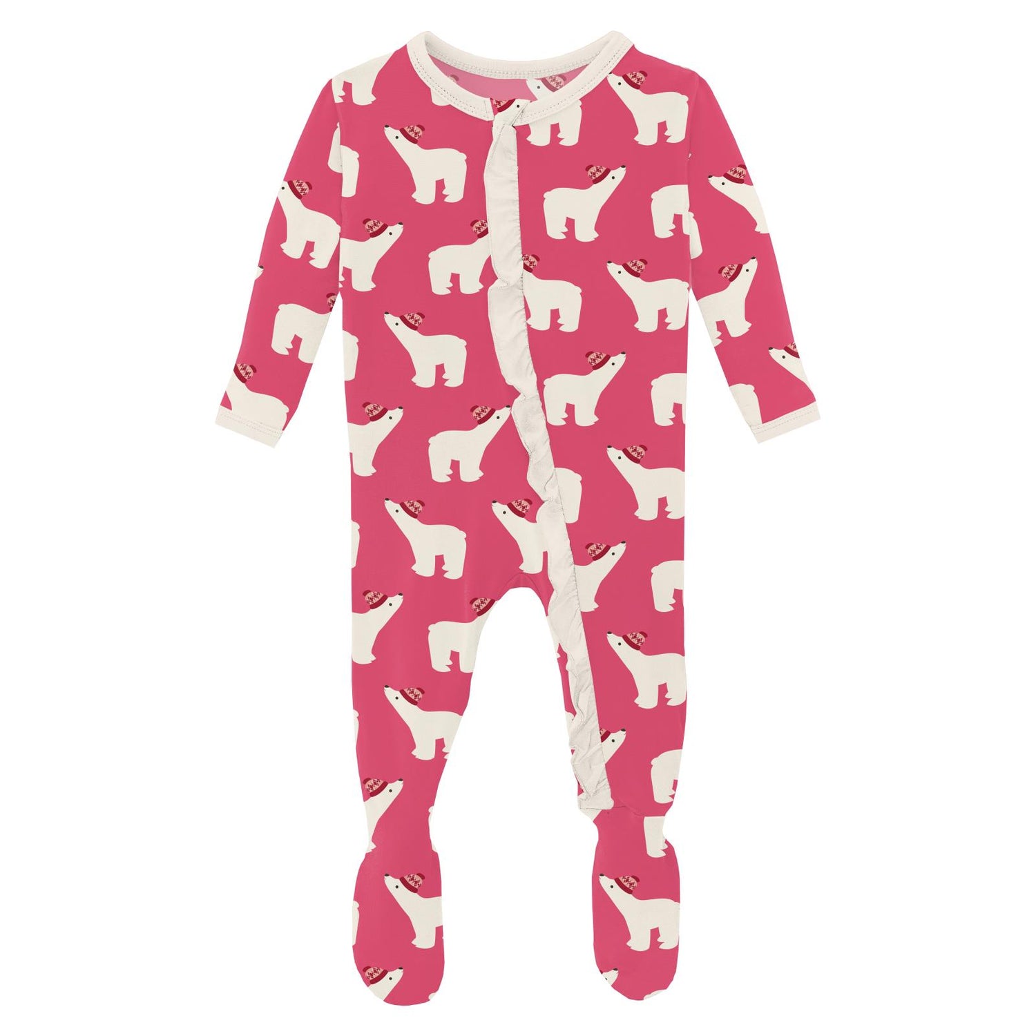 Print Classic Ruffle Footie with 2 Way Zipper in Winter Rose Polar Bears