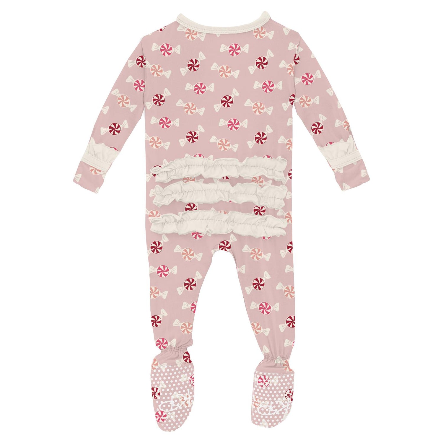 Print Classic Ruffle Footie with 2 Way Zipper in Baby Rose Peppermints