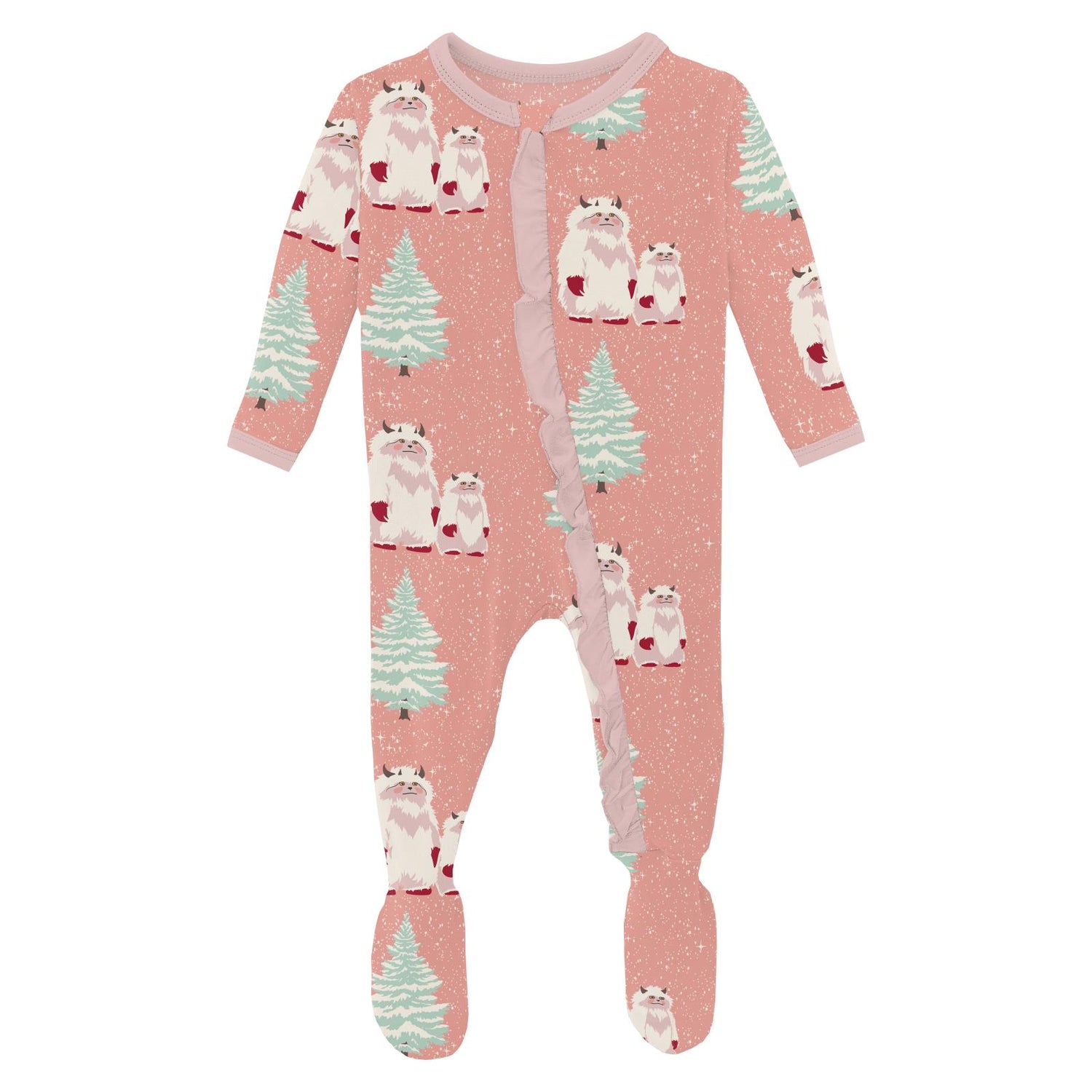 Print Classic Ruffle Footie with 2 Way Zipper in Blush Yeti