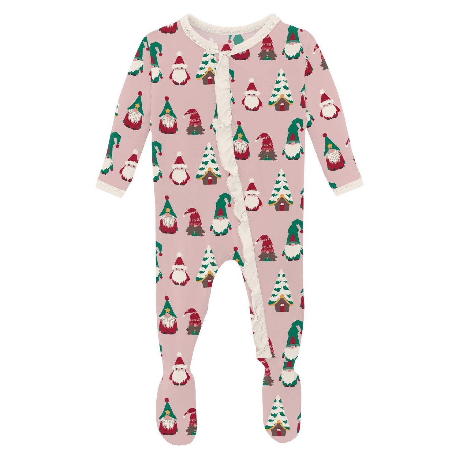 Print Classic Ruffle Footie with 2 Way Zipper in Baby Rose Gnomes