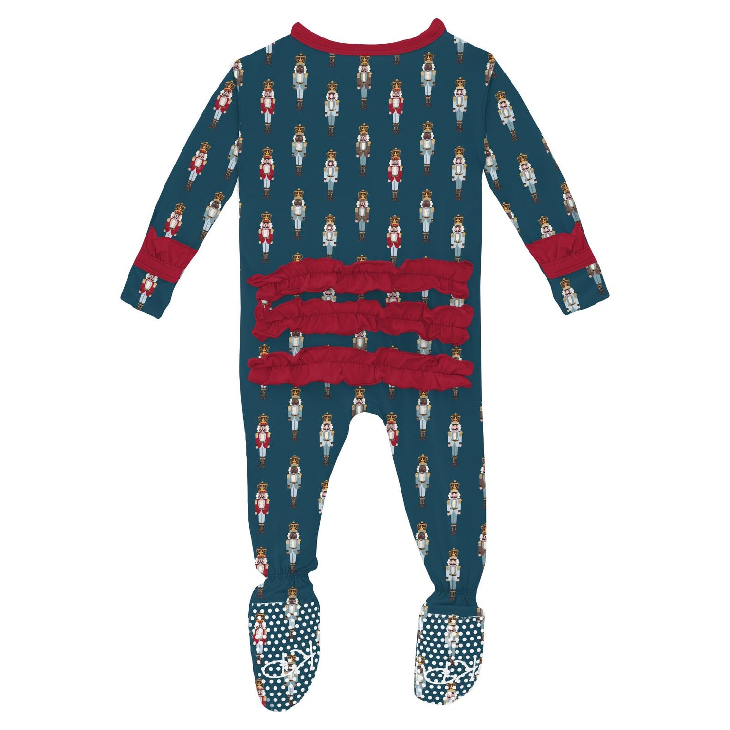 Print Classic Ruffle Footie with 2 Way Zipper in Peacock Nutcrackers