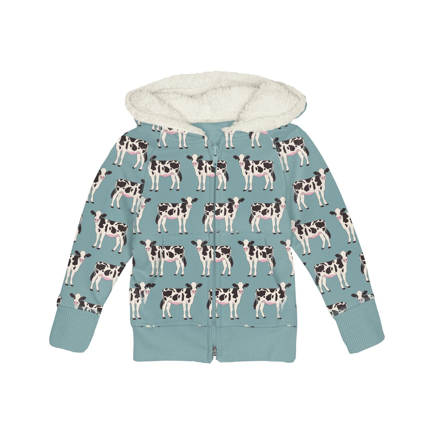 Print Fleece Zip-Front Hoodie with Sherpa-lined Hood in Jade Cows (310750)