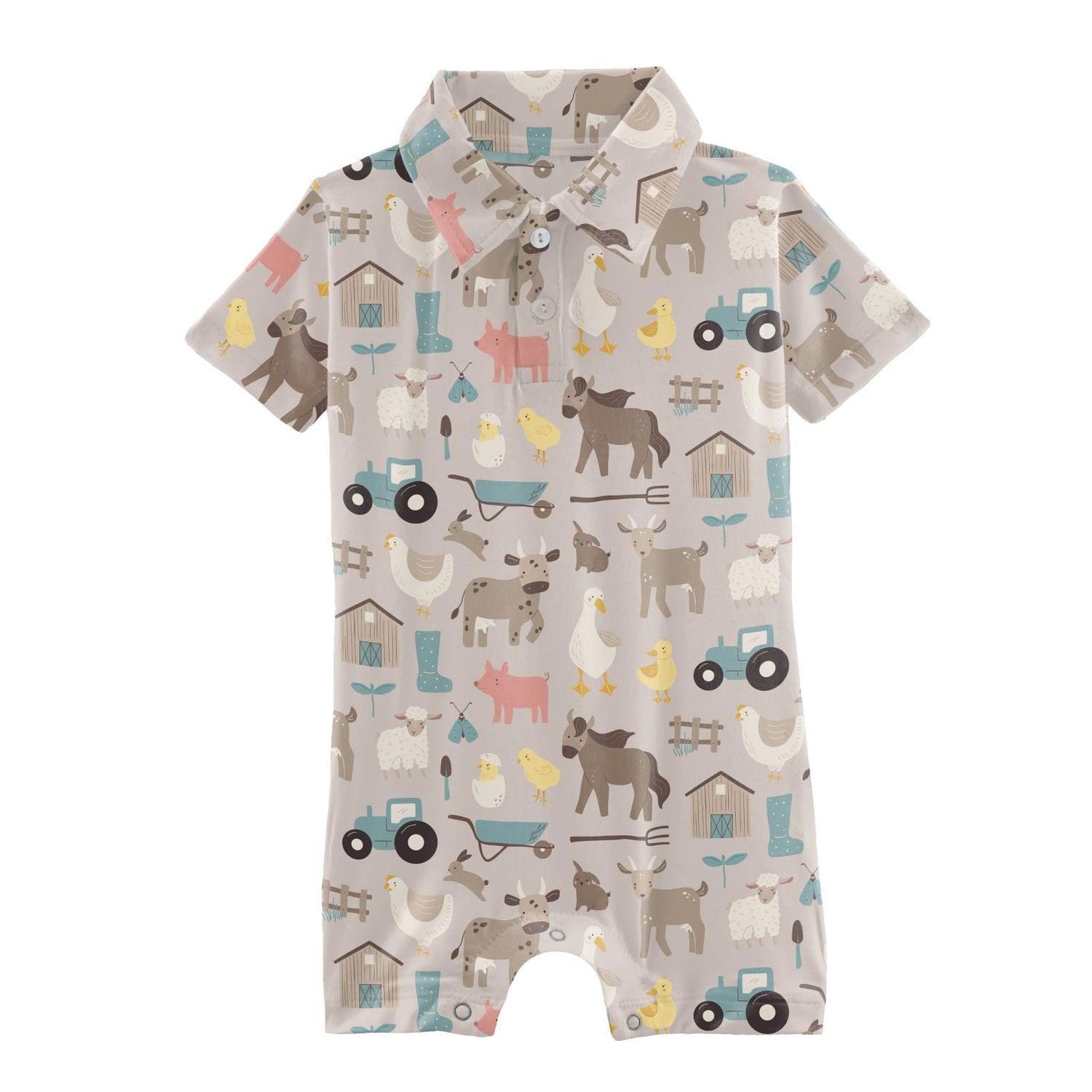 Print Short Sleeve Polo Romper in Latte Morning on the Farm (310734)