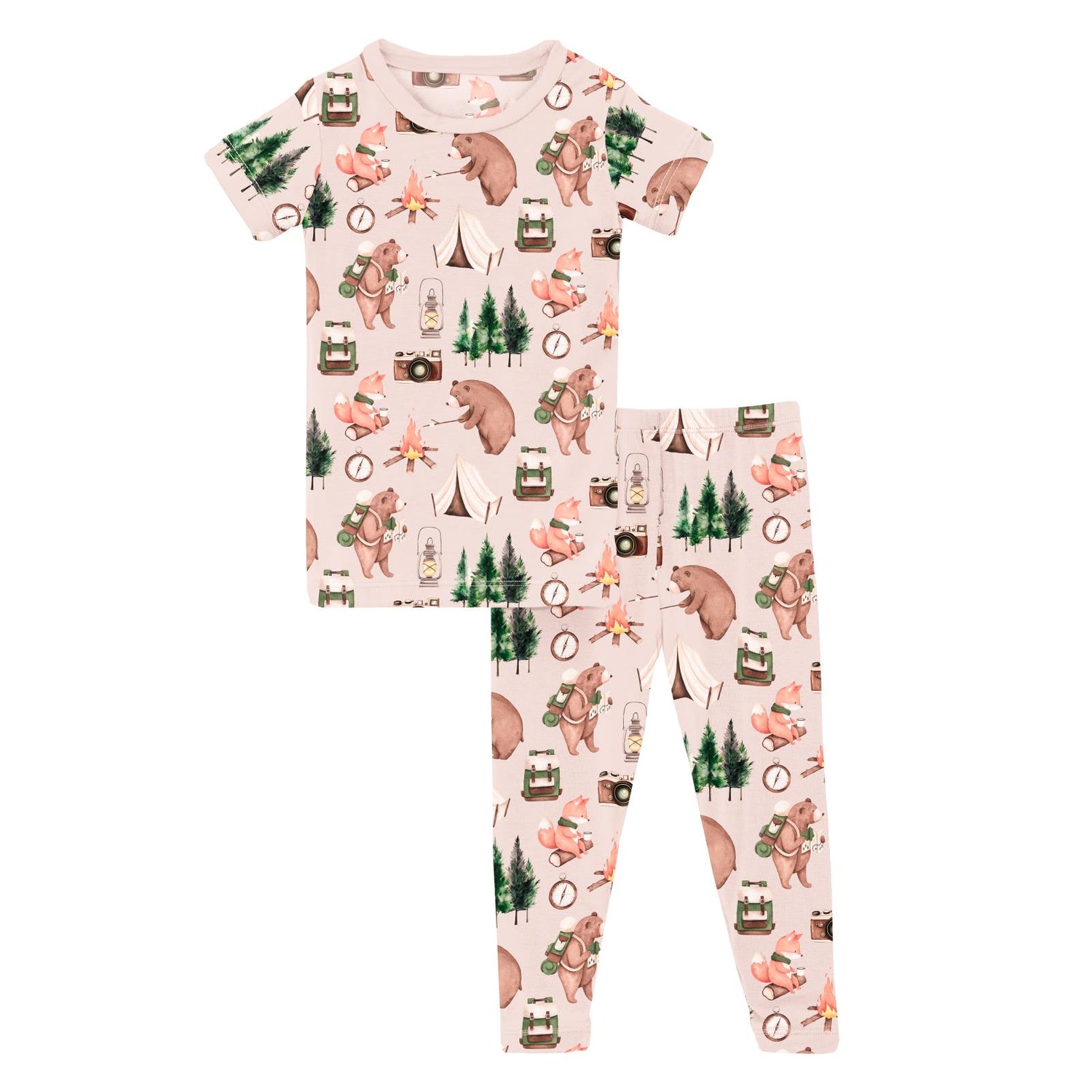 Print Short Sleeve Pajama Set in Latte Camping Animals (321376)