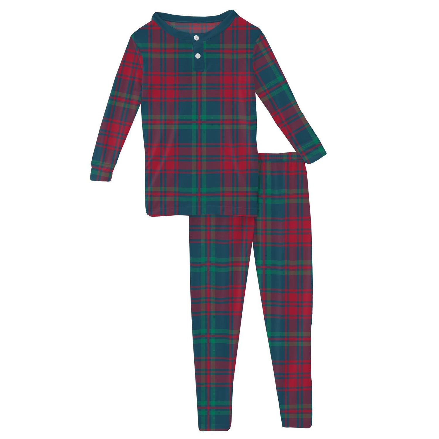 Print Long Sleeve Henley Pajama Set in Peacock Plaid (304501)