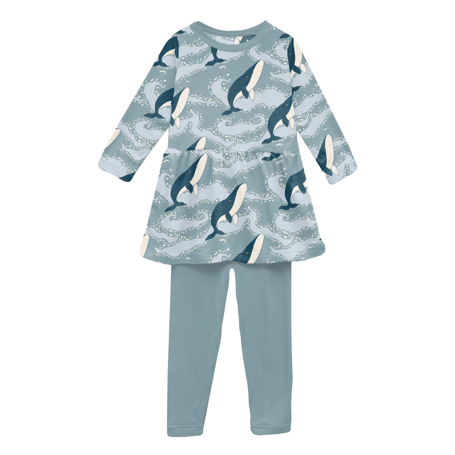 Print Long Sleeve Playtime Outfit Set in Stormy Sea Splashing Whales