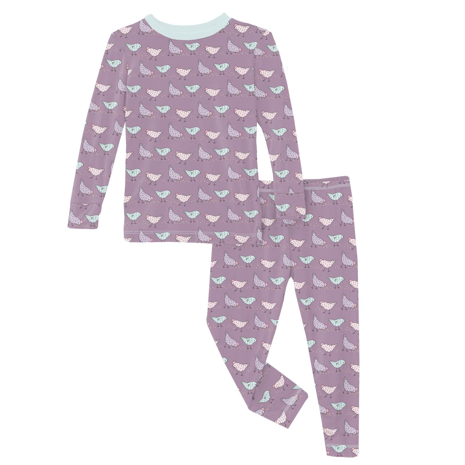 Print Long Sleeve Pajama Set in Lavender Chickens