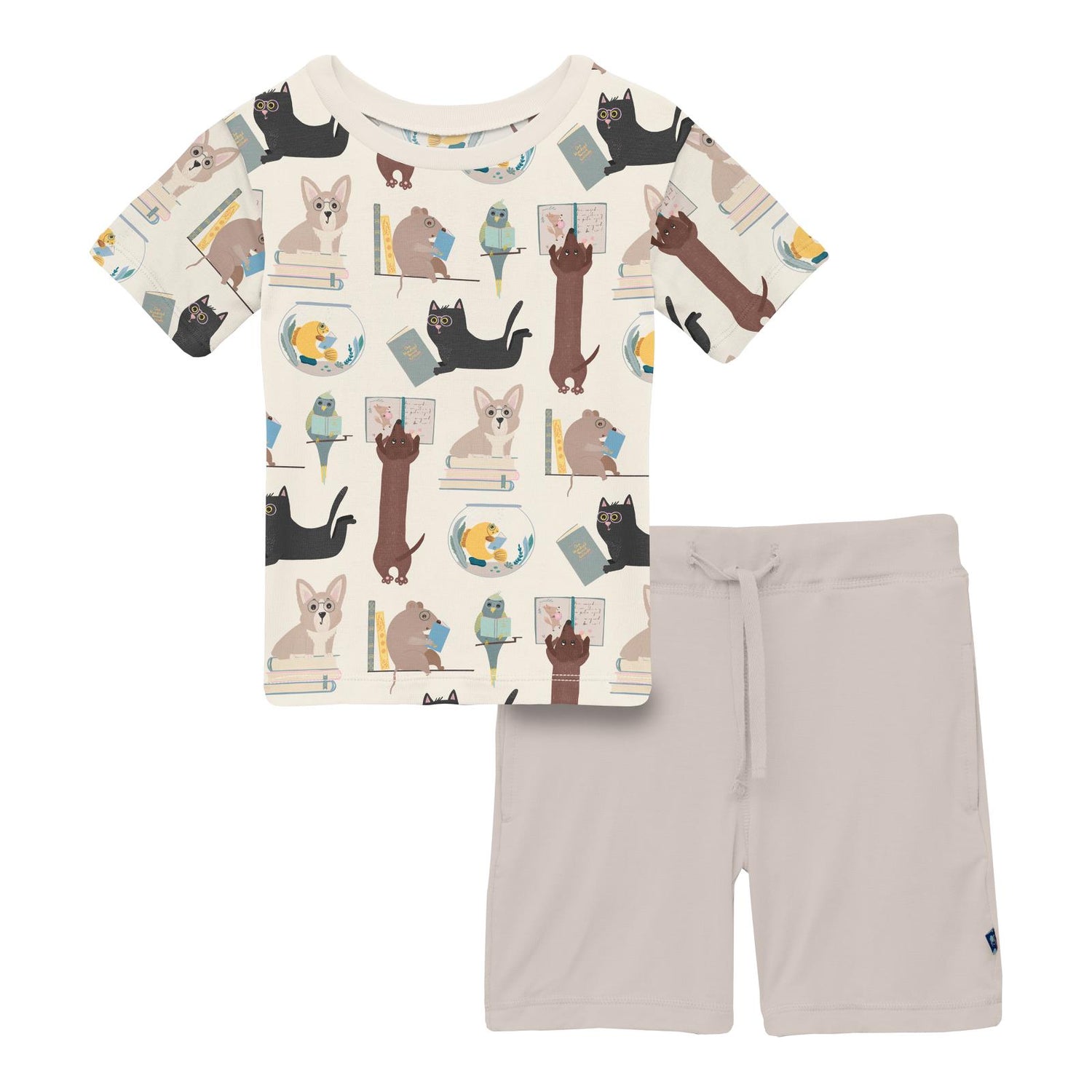 Print Short Sleeve Crew Neck Tee and Lightweight Drawstring Shorts Set in Natural Books & Pets (359390)