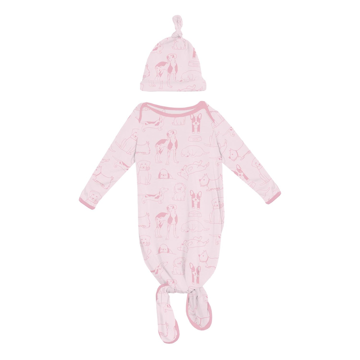 Print Knotted Layette Gown & Hat Set in Shrinking Violet Dogs