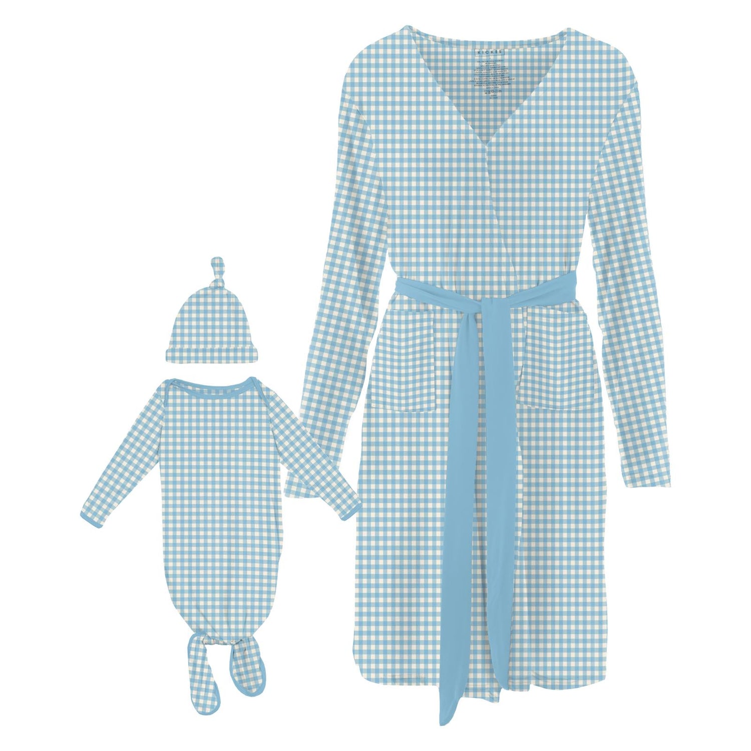 Women's Print Mid-Length Lounge Robe & Knotted Layette Gown Set in Seaside Blue Gingham