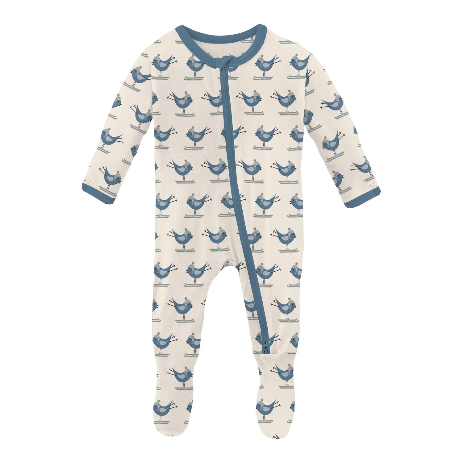 Print Footie with 2 Way Zipper in Natural Ski Birds