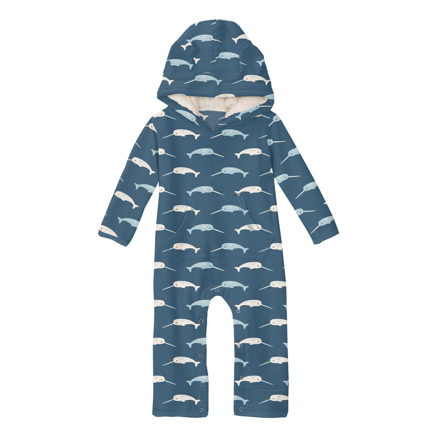 Print Fleece Coverall with Ears and Kangaroo Pocket in Deep Sea Narwhal