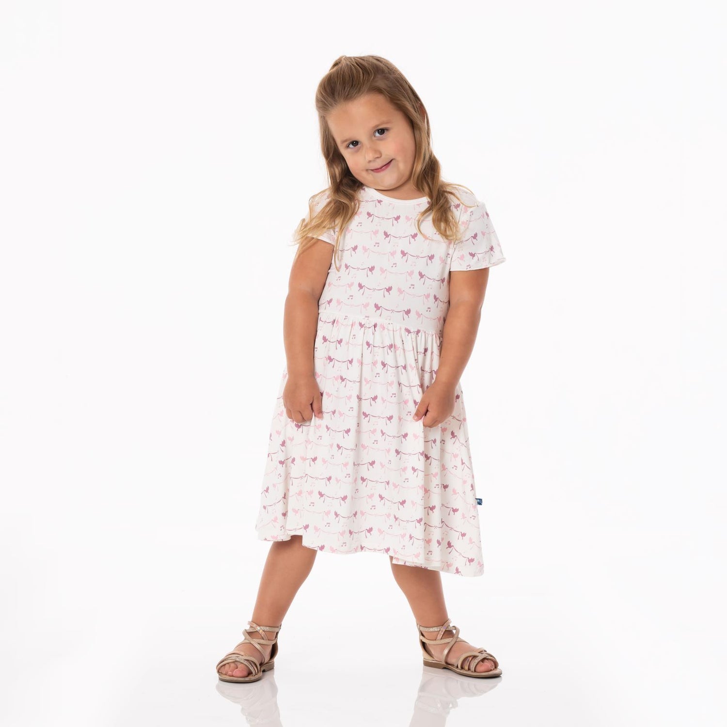 Print Flutter Sleeve Twirl Dress with Pockets in Natural Bird Banner