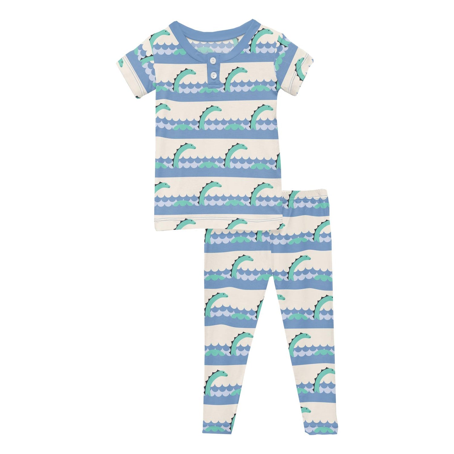 Print Short Sleeve Henley Pajama Set in Natural Sea Monster