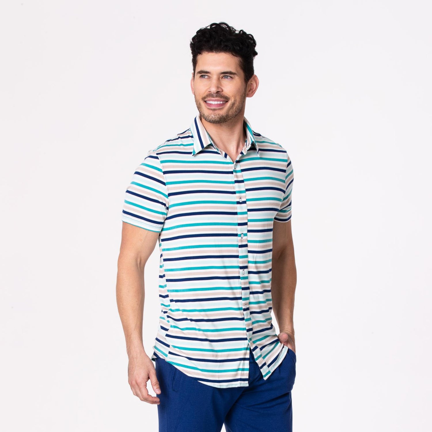 Men's Print Short Sleeve Button Down Shirt in Sand and Sea Stripe