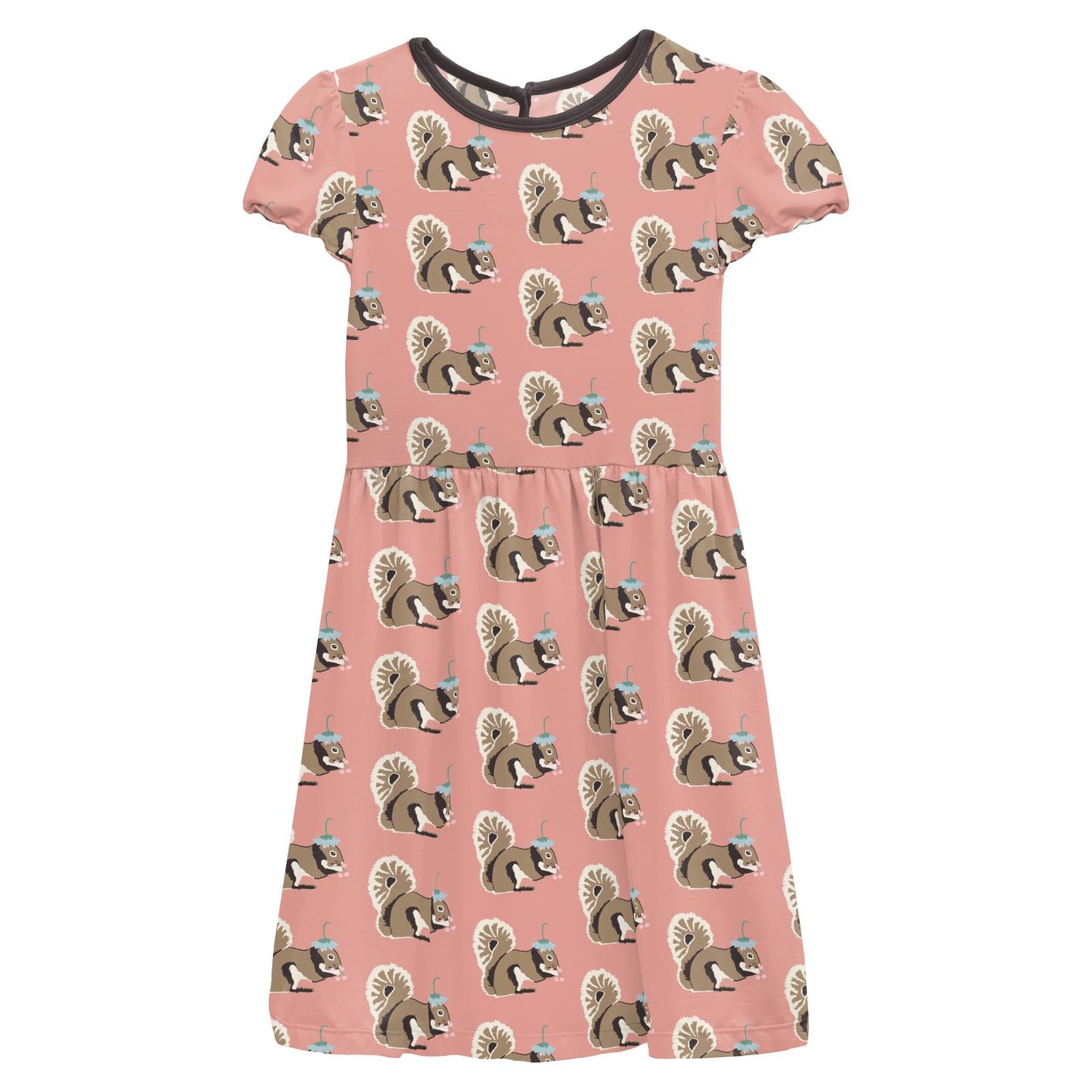 Print Flutter Sleeve Twirl Dress in Blush Squirrel with Flower Hat