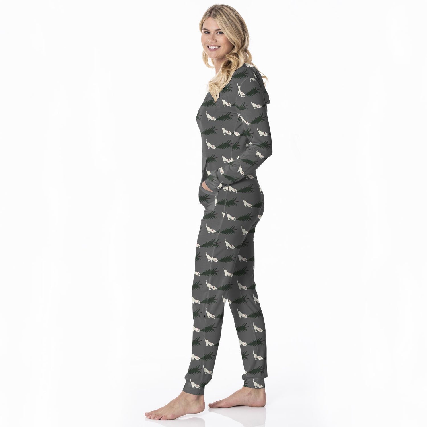 Women's Print Long Sleeve Jumpsuit with Hood in Pewter Christmas Tree Drag