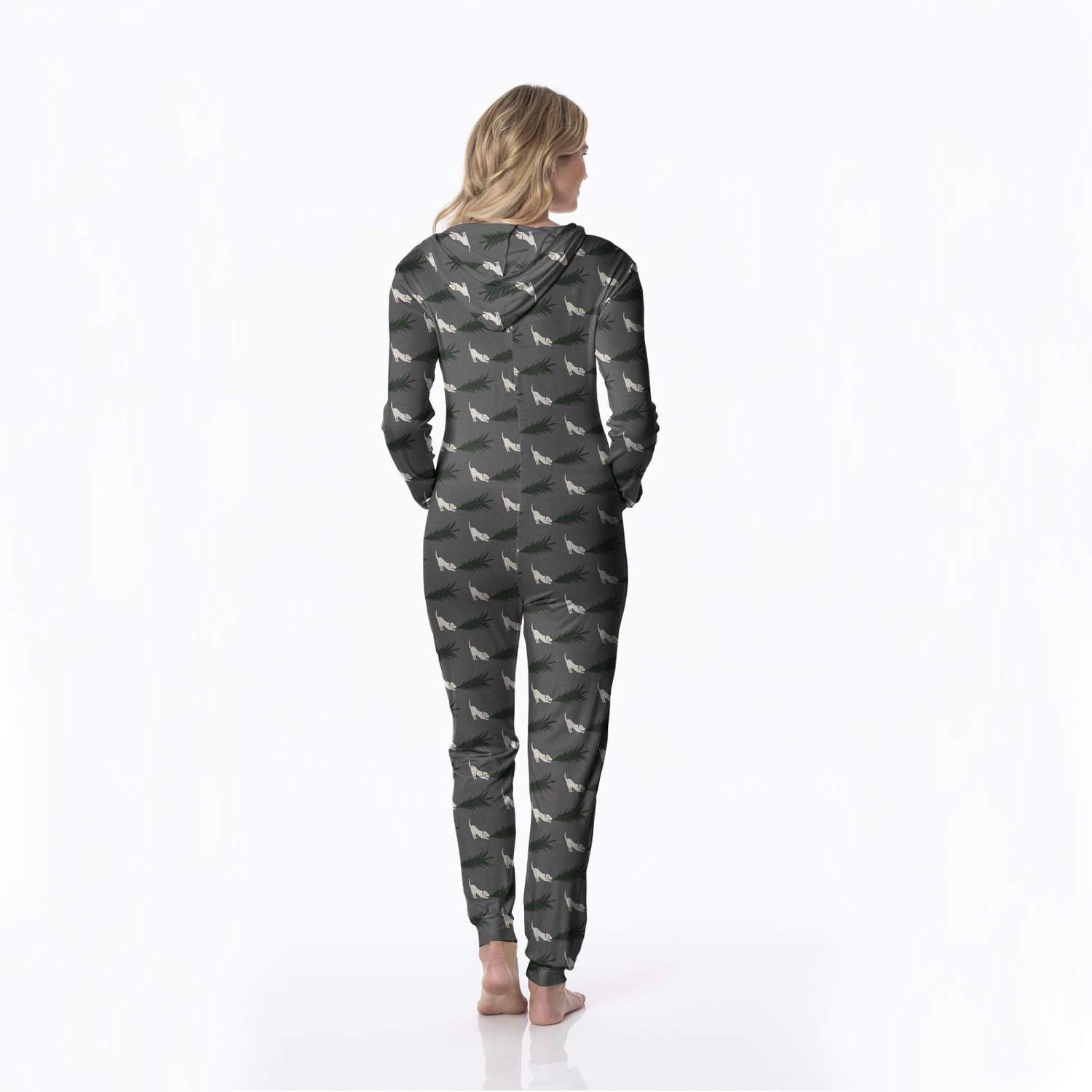 Women's Print Long Sleeve Jumpsuit with Hood in Pewter Christmas Tree Drag