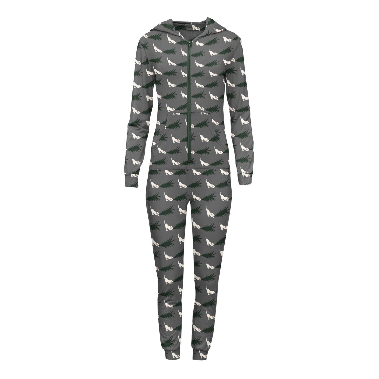 Women's Print Long Sleeve Jumpsuit with Hood in Pewter Christmas Tree Drag