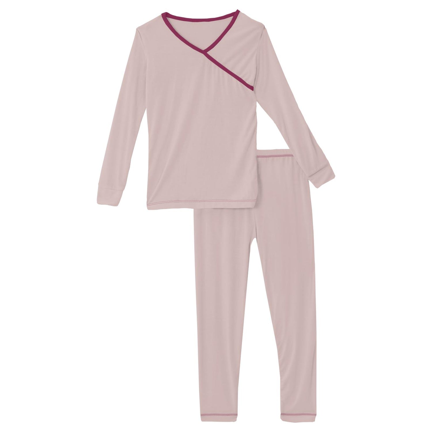 Long Sleeve Kimono Pajama Set in Baby Rose with Berry