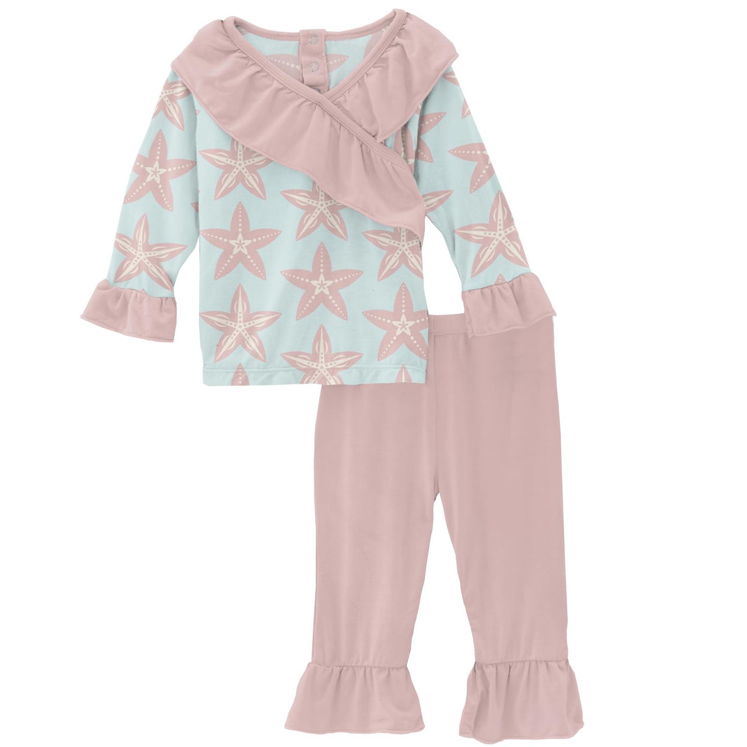 Print Long Sleeve Kimono Double Ruffle Outfit Set in Fresh Air Fancy Starfish